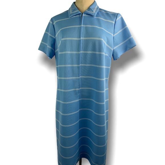 XL Vintage Light Blue White Striped Polyester 1/2 Zip Collared Dress Knee Length - Picture 1 of 9